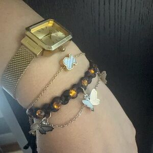 Gold-Tone Butterfly Charm Bracelet Stack with Amber Beads